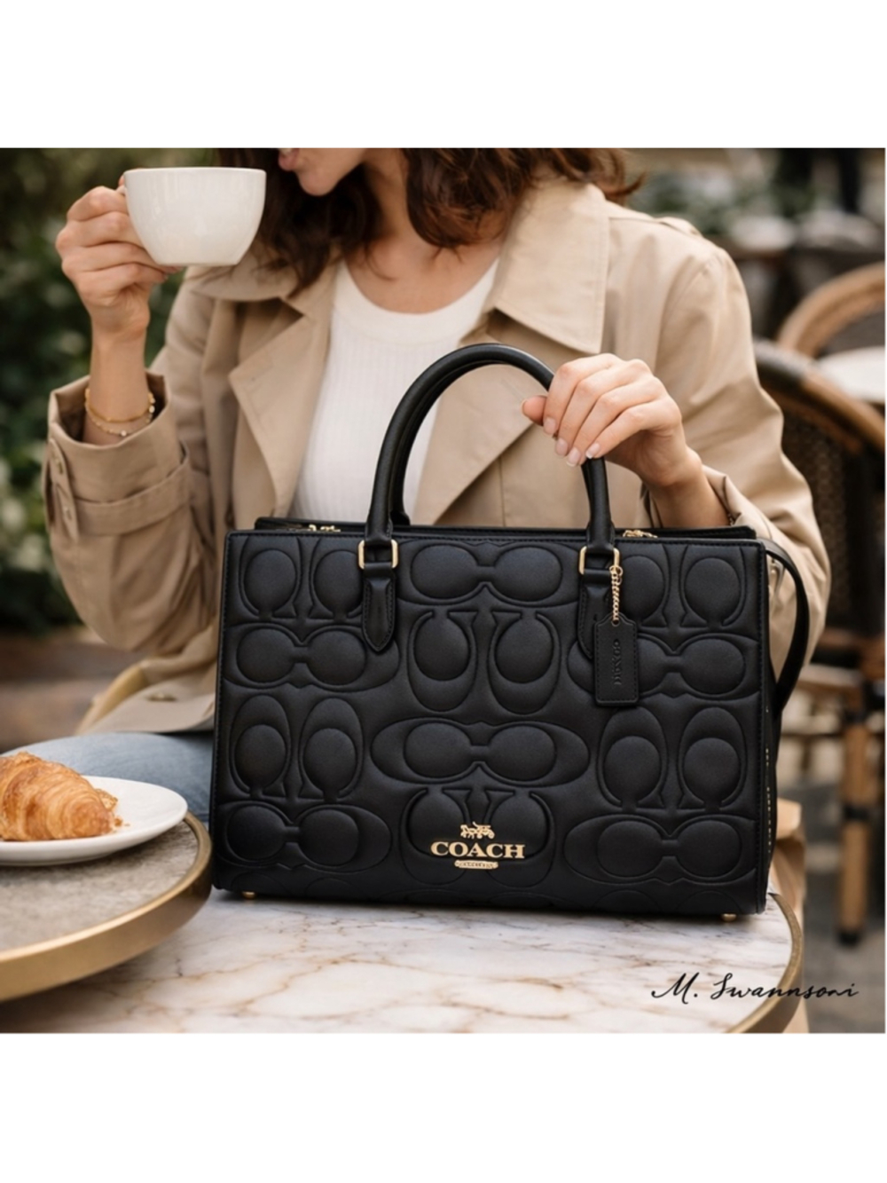 NEW Coach Maggie Tote Black Signature Embossed Leather Bag CY672 NWT